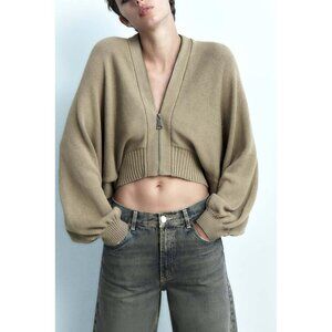 Zara Rib Knit Bomber Cardigan Zip Sweater Crop Cropped High Low Jacket Shirt